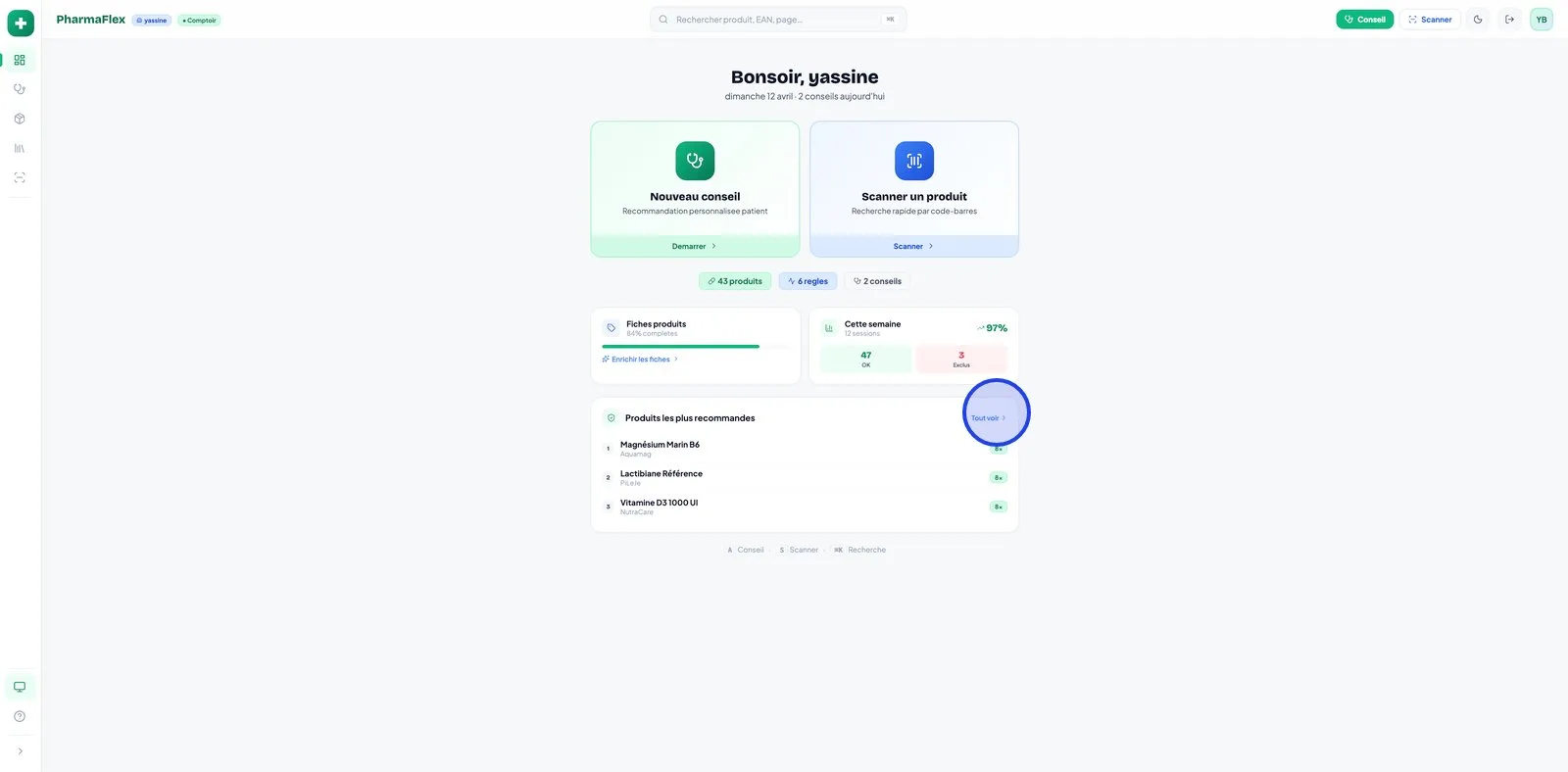 Dashboard PharmaFlex - vue pharmacien avec raccourcis conseil et scanner produit.